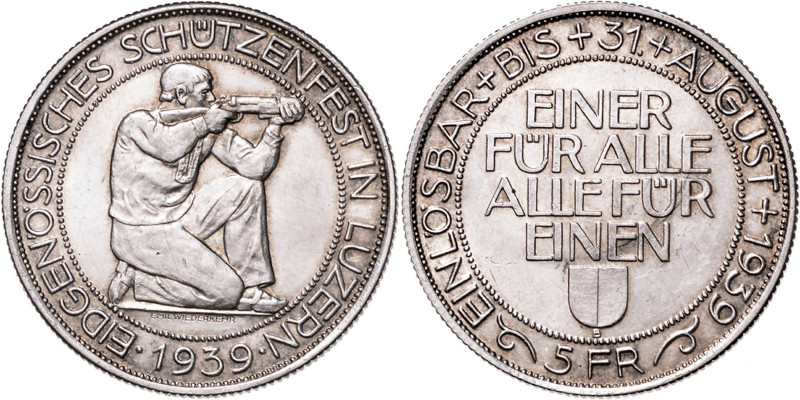 SWISS SHOOTING MEDALS&nbsp;
5 Frank slavnostní střelba Luzern, 1939, 19,5g, 33 ...