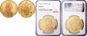 FRANZ JOSEPH I (1848 - 1916)&nbsp;
4 Ducats, 1914, Früh 1163&nbsp;

UNC | UNC , NGC MS 64 | Mimořádný exemplář! | Extraordinary specimen!