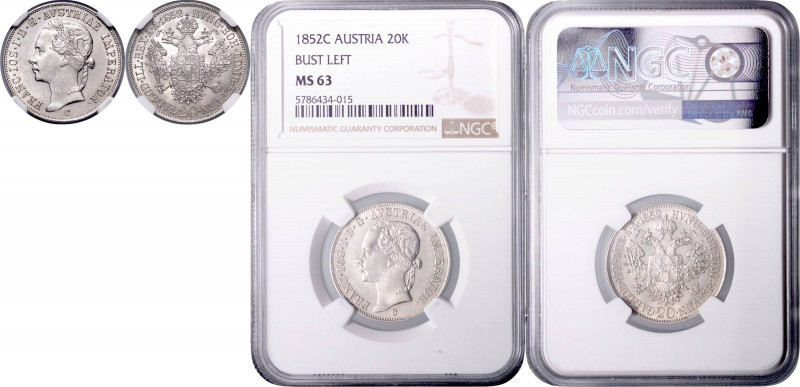 FRANZ JOSEPH I (1848 - 1916)&nbsp;
20 Kreuzer (bust left), 1852, C. Früh 1558&n...