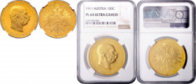 FRANZ JOSEPH I (1848 - 1916)&nbsp;
100 Corona, 1911, Früh 1919&nbsp;

PROOF | NGC PL 64 ULTRA CAMEO | Mimořádný exemplář! | Extraordinary specimen!...