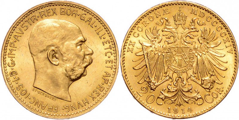 FRANZ JOSEPH I (1848 - 1916)&nbsp;
20 Corona, 1914, 6,77g, Früh 1944&nbsp;

a...