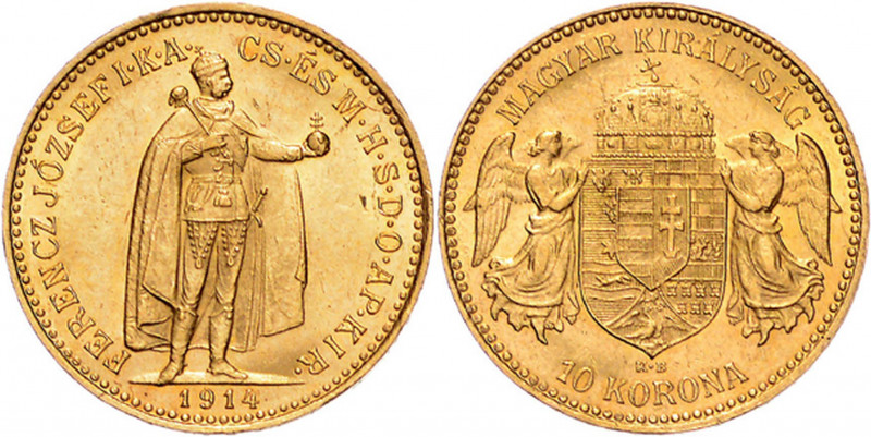 FRANZ JOSEPH I (1848 - 1916)&nbsp;
10 Korona, 1914, 3,38g, KB. Früh 2104&nbsp;...