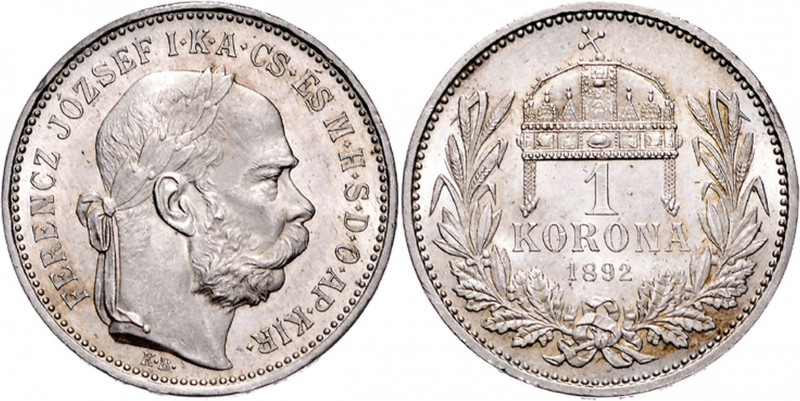 FRANZ JOSEPH I (1848 - 1916)&nbsp;
1 Korona, 1892, 4,96g, KB. Früh 2114&nbsp;
...