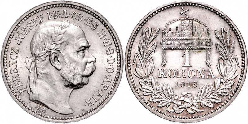 FRANZ JOSEPH I (1848 - 1916)&nbsp;
1 Korona, 1913, 5g, KB. Früh 2121&nbsp;

a...