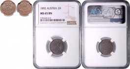 FRANZ JOSEPH I (1848 - 1916)&nbsp;
2 Heller, 1892, Früh 2008&nbsp;

UNC | UNC , NGC MS 65 BN | Mimořádný exemplář! | Jediný exemplář s tímto hodnoc...