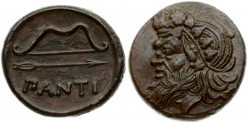 Tauridian Chersonesos Pantikapaion AE 26 (350-300 BC) Obverse: Satire's head to the left. Reverse: Bow and arrow; bottom ΠΑΝΤΙ. Bronze 12.72g. Black S...