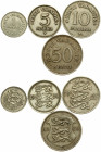 Estonia 1-10 Marka & 50 Senti (1924-1936). Obverse: Three leopards left above date. Reverse: Denomination. Nickel-Bronze. Lot of 4 Coins