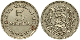 Estonia 5 Marka 1926 Obverse: National arms within wreath. Reverse: Denomination above date. Nickel-Bronze. Small Scratches. KM 7. RARE