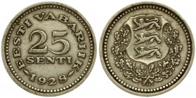 Estonia 25 Senti 1928 Obverse: National arms wreath surrounds. Reverse: Denomination above date. Nickel-Bronze. KM 9