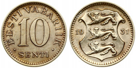 Estonia 10 Senti 1931 Obverse: National arms divide date. Reverse: Denomination. Edge Description: Plain. Nickel-Bronze. KM 12