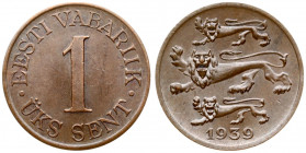Estonia 1 Sent 1939 Obverse: Three leopards left above date. Reverse: Denomination. Edge Description: Plain. Bronze. Small Scratches. KM 19.1