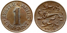 Estonia 1 Sent 1939 Obverse: Three leopards left above date. Reverse: Denomination. Edge Description: Plain. Bronze. Nice patina. KM 19.1