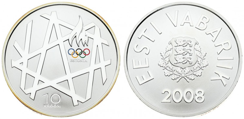 Estonia 10 Krooni 2008 Olympics. Obverse: Arms. Reverse: Torch and geometric pat...