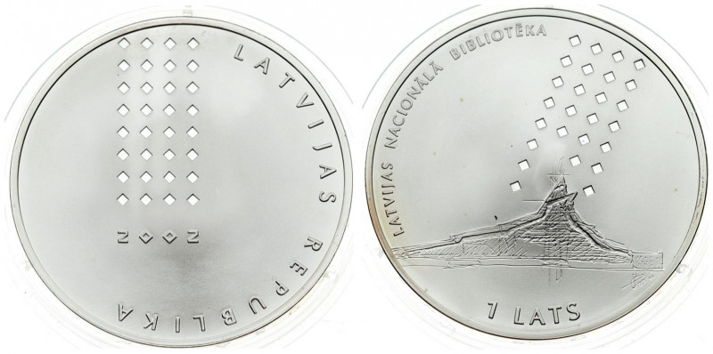 Latvia 1 Lats 2002 National Library. Obverse: Country name and diamonds pattern....