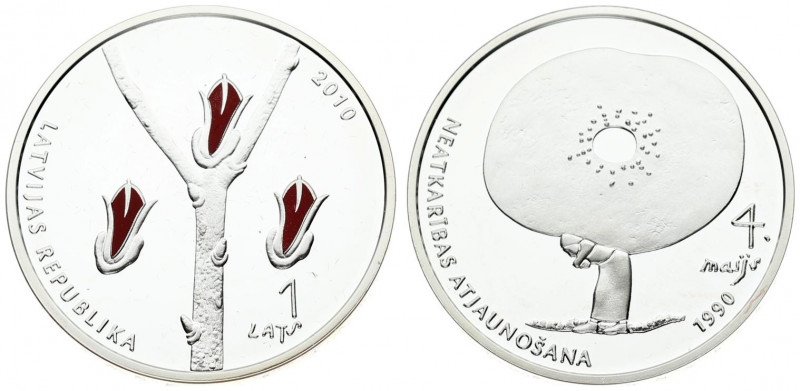 Latvia 1 Lats 2010 Declaration of Independence 20th Anniversary. Obverse: Three ...