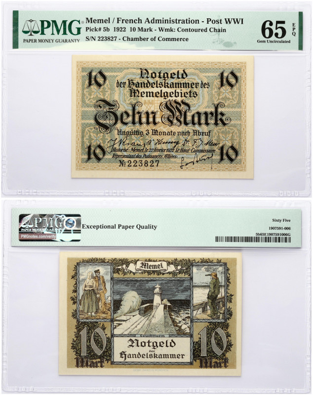 Lithuania MEMEL 10 Mark 1922 Banknote. Chamber of Commerce. Obverse Lettering: N...