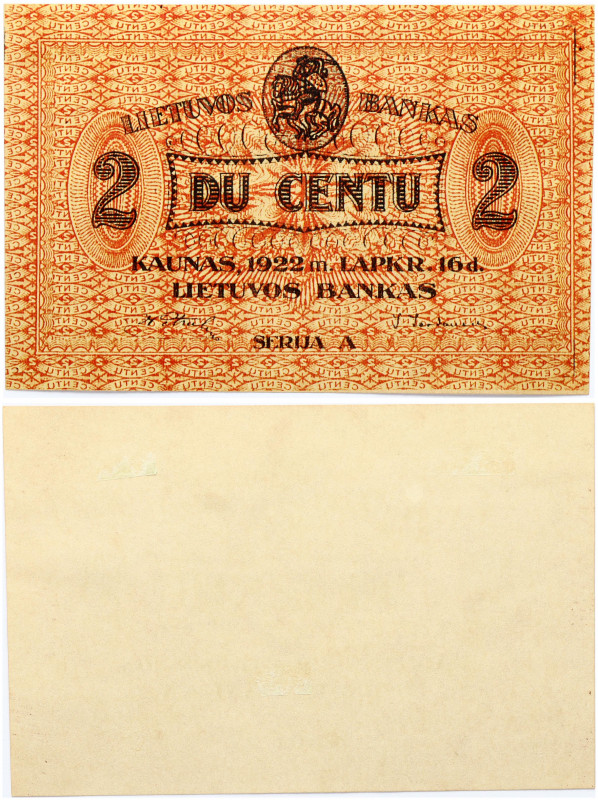 Lithuania 2 Centu Banknote 1922 Obverse Lettering: LIETUVOS BANKAS 2 2 DU CENTU ...