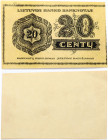 Lithuania 20 Centų 1922 Banknote. Obverse: Denomination. Lettering: 20 Dvidešimtis Centų 20. LIETUVOS BANKO BANKNOTAS BANKNOTŲ PADIRBIMAS ĮSTATYMU BAU...