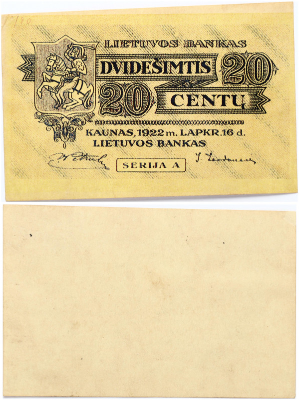 Lithuania 20 Centų 1922 Banknote. Reverse: Denomination. Lettering: 20 Dvidešimt...