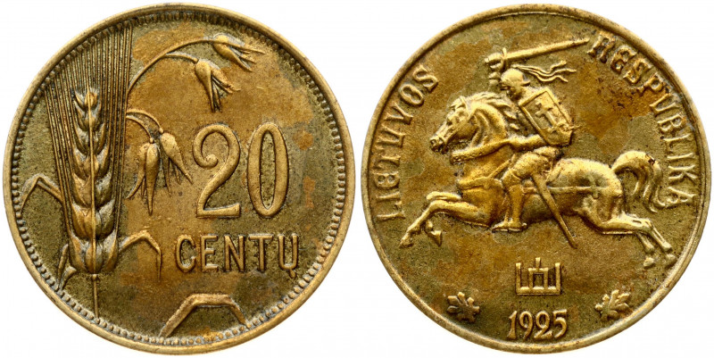 Lithuania 20 Centų 1925 Obverse: National arms. Reverse: Value to right of saggi...