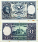 Lithuania 50 Litų 1928 Banknote. On the left side of the obverse dr. Portrait of Jonas Basanavičius. BANK OF LITHUANIA / FIVE TEN LITAS. Reverse Vilni...