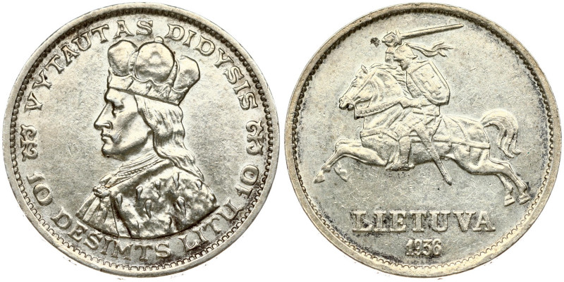 Lithuania 10 Litų 1936 Obverse: National arms. Reverse: Vytautas the Great left....