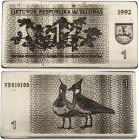 Lithuania Plaque 1 Talonas 1992 Obverse: Value on plant at center; shield of arms at right. Reverse: Two Eurasian lapwings. S/N VB 610105. Copper-nick...