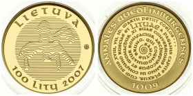 Lithuania 100 Litų 2007 Use of the Name Lithuania Millenium. Obverse: Linear National Arms. Reverse: Circular Legend. Gold. KM 158. With Box & Certifi...
