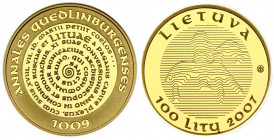Lithuania 100 Litų 2007 Use of the Name Lithuania Millenium. Obverse: Linear National Arms. Reverse: Circular Legend. Gold 7.78g. KM 158. With Box & C...
