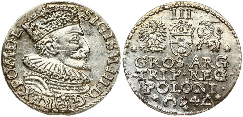 Poland 3 Groszy 1594 Malbork. Sigismund III Vasa (1587-1632). Obverse: Crowned b...