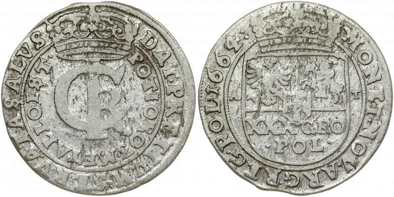 Poland 1 Gulden (Tymf) 1664 AT. John II Casimir Vasa (1649–1668). Obverse: Crown...