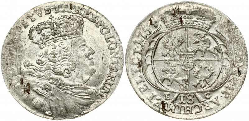 Poland 18 Groszy 1754 EC August III(1733-1763). Obverse: Large; crowned bust rig...