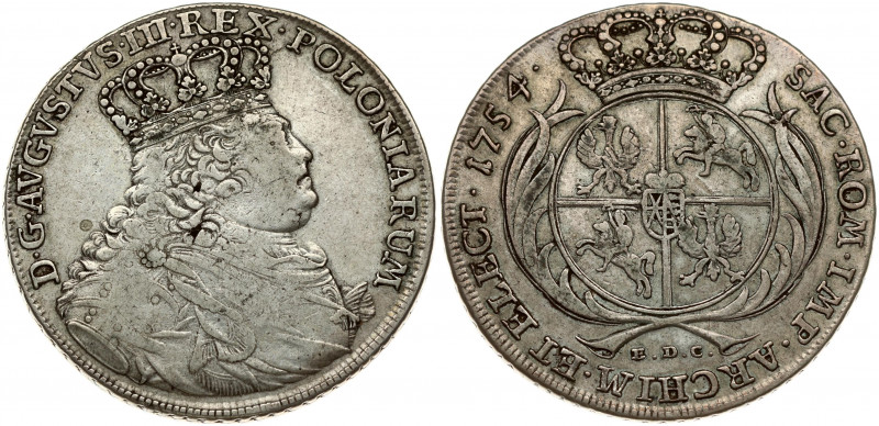 Poland SAXONY 1 Thaler 1754 EDC August III(1733–1763). Obverse: Crowned bust rig...