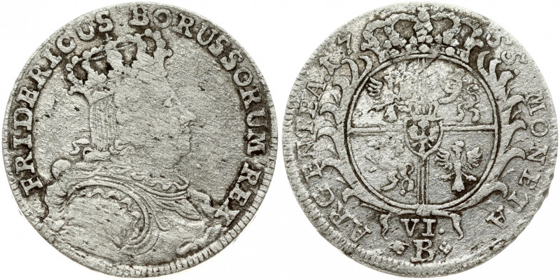 Poland SILESIA 6 Kreuzer 1755B Friedrich II(1740-1786). Obverse: Crowned bust ri...