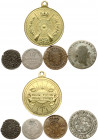 Poland and other Countries 4 Coins & Medal (1575-1840) Latvia Riga 1 Solidus (1575); Russia for Poland 10 Groszy 1840 MW; Poland 1 Grosz 1767 G; 4 Gro...
