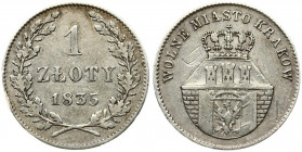 Poland 1 Zloty 1835 'Free City of Krakow'. Obverse: Crowned castle. Reverse: Value and date within wreath. Edge plain. Silver. Scratches. C 13. Bitkin...