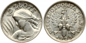 Poland 2 Zlote 1925 (London) Dot after date. Obverse: Crowned eagle with wings open. Reverse: Bust left. Edge Description: Reeded. Silver. Y 16