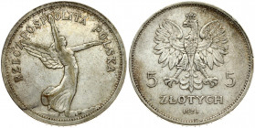 Poland 5 Zlotych 1928 Nike Without mint mark. Obverse: Crowned eagle with wings open. Reverse: Winged Victory right. Edge Lettering: SALUS REIPUBLICAE...