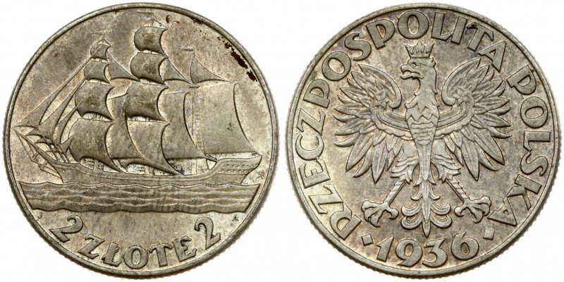 Poland 2 Zlote 1936(w) 15th Anniversary of Gdynia Seaport. Obverse: Crowned eagl...