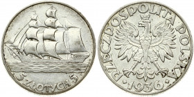 Poland 5 Zlotych 1936(w) 15th Anniversary of Gdynia Seaport. Obverse: Crowned eagle with wings open. Reverse: Sailing ship. Silver. Y 31