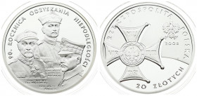Poland 20 Zlotych 2008 MW 90th Anniversary of Regaining Freedom. Obverse: War decoration left side; eagle top right. Reverse: 3 generals. Silver. Y 65...