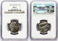 Albania 1 Lek 1926 R Zog I(1925-1939). Obverse: Head right. Reverse: Caped man on horse right. Edge Description: Reeded. Nickel. KM 5. NGC MS 65