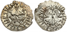 Armenia 1 Tram (1198-1219). Levon I (1198-1219) Obverse: Levon seated facing on throne decorated with lions. holding cross and lis; with feet resting ...