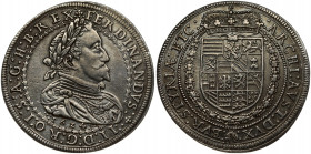 Austria 1 Thaler 1624 Graz. Ferdinand II (1619-1637). Obverse: Laureate bust with straight collar facing right; double inner circle; the innermost bea...