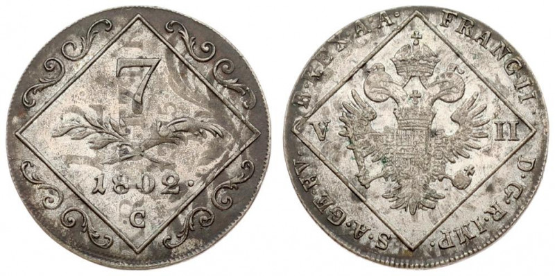 Austria 7 Kreuzer 1802 C Franz II (I)(1792-1835). Obverse: Crowned imperial eagl...