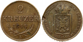 Austria 2 Kreuzer 1848A Franz Joseph I(1848-1916). Obverse: Crowned shield. Reverse: Denomination and date above spray. Copper. Surface damage. KM 218...