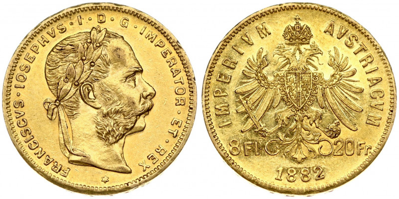 Austria 8 Florins-20 Francs 1882 Franz Joseph I(1848-1916). Obverse: Laureate he...