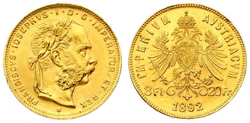 Austria 8 Florins-20 Francs 1892 Restrike. Franz Joseph I(1848-1916). Obverse: L...