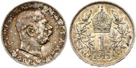 Austria 1 Corona 1913 Franz Joseph I(1848-1916). Obverse: Head right. Reverse: Crown above value; date at bottom; sprays flanking. Silver. KM 2820