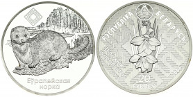 Belarus 20 Roubles 2006 Chervomy Bar. Obverse: National arms; blooming plant. Reverse: European mink. Silver. KM 147